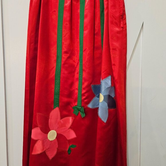 Vintage Red Satin Maxi Skirt Medium Christmas Green Ribbons & Floral Appliqués - Picture 8 of 9